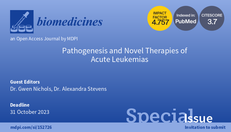 ZouArya's tweet photo. Open for #submission in the Special Issue "Pathogenesis and Novel Therapies of Acute #Leukemias" https://t.co/WbZ6JaPXmS #mdpibiomedicines via @Biomed_MDPI https://t.co/h0WKtuiUVR