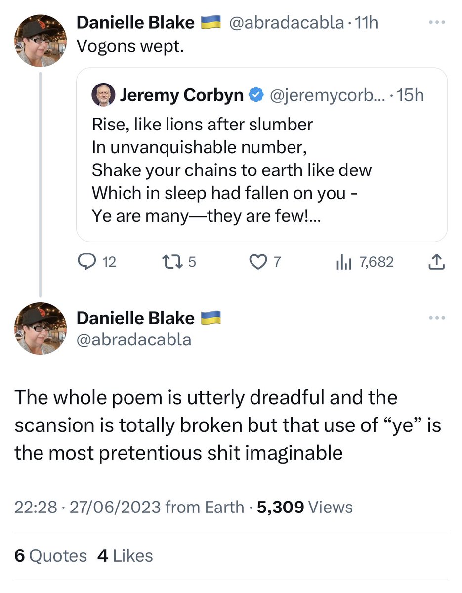 Terrible morning for Percy Bysshe Shelley as The Mask Of Anarchy (1832) is deemed ‘vogon’ ‘pretentious’ and with ‘broken scansion’ by a Twitter poster who thought it was by someone she doesn’t like.