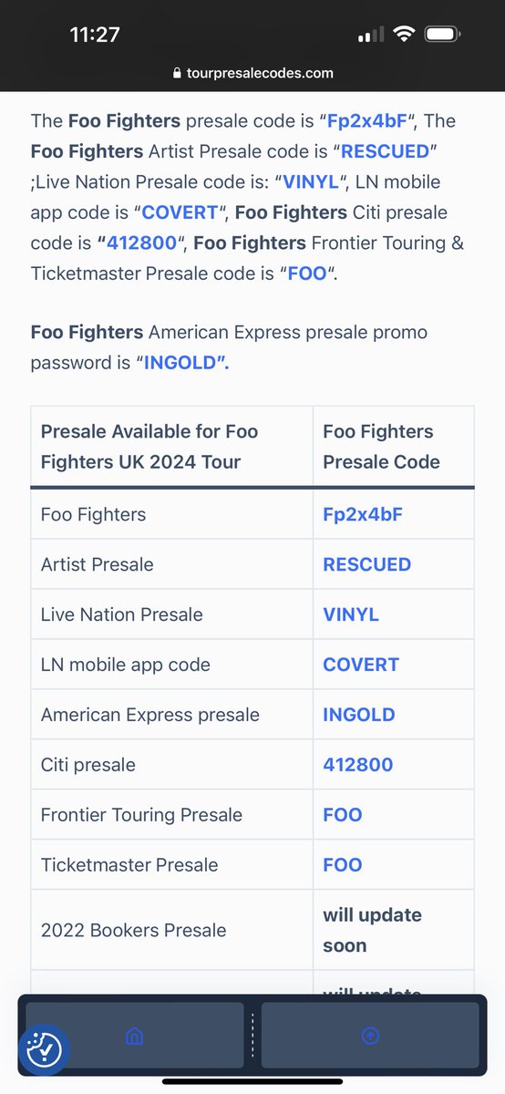 Foo Fighters presale codes if anyone needs them, top one works on ticketmaster #FooFighters