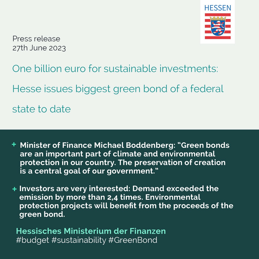 FinanzenHessen's tweet photo. #Minister of #Finance Michael #Boddenberg: “Green bonds show that the government does not just play a role as a regulator or preacher of platitudes but with concrete action as an issuer of safe government bonds in the form of green bonds.” #GreenBond #budget #sustainability https://t.co/51yGRk1ee2