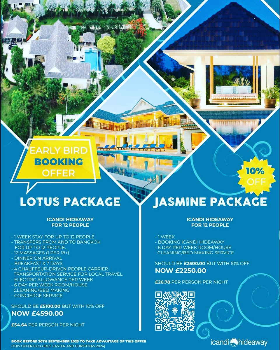 IcandiHideaway's tweet photo. Thailand holiday destination for a group of 12 people from as little as £26pp per night to rent this glorious villa for a week!
Bookings@icandi-hideaway.com

#privatepool #privatevilla #thailand #groupholiday https://t.co/n9xxLQb1fo