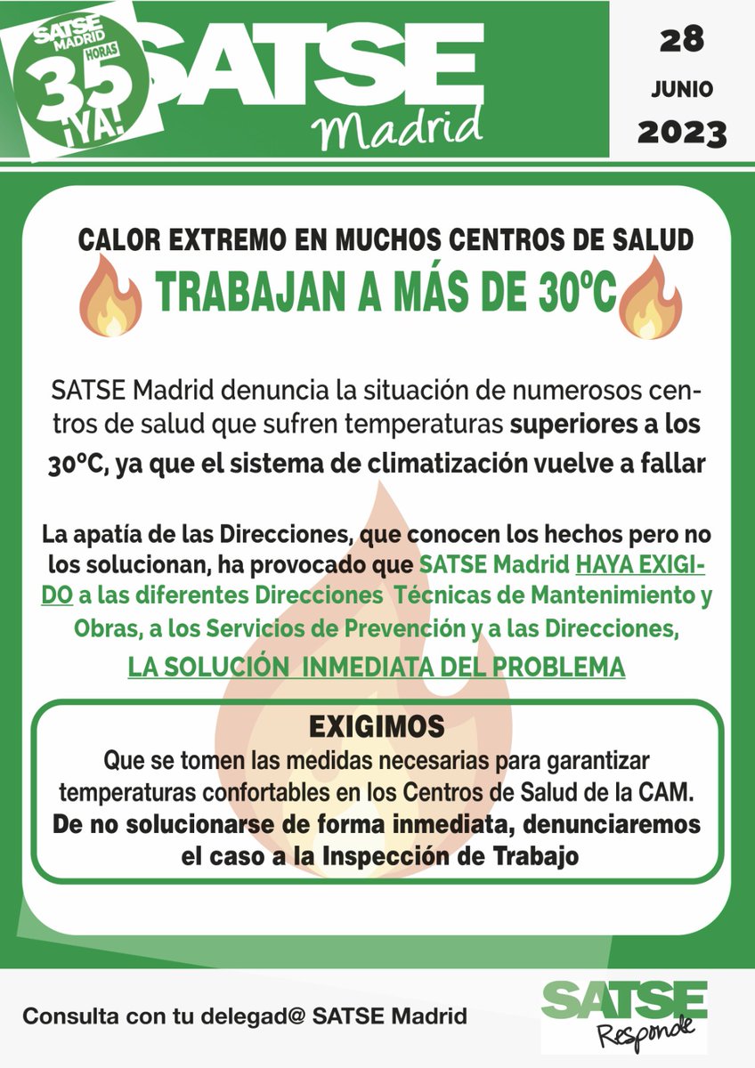 SATSE_Madrid's tweet photo. En muchos Centros de Salud sus profesionales trabajan en un auténtico infierno 🔥
Exigimos que tomen medidas urgentes para solucionar los problemas de calor extremo y que se pueda trabajar a una temperatura confortable.
https://t.co/hBlhv3QXZr https://t.co/647sVX0fxC