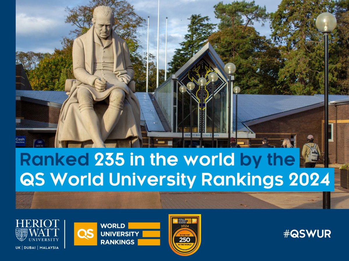 Heriot-Watt has just been ranked 235 in the world’s top universities by the QS World University Rankings 2024.

This puts us within the top 250 of the 1,422 universities that make up the rankings and is a real credit to the whole #OneWatt community!

#HeriotWattUni #QSWUR