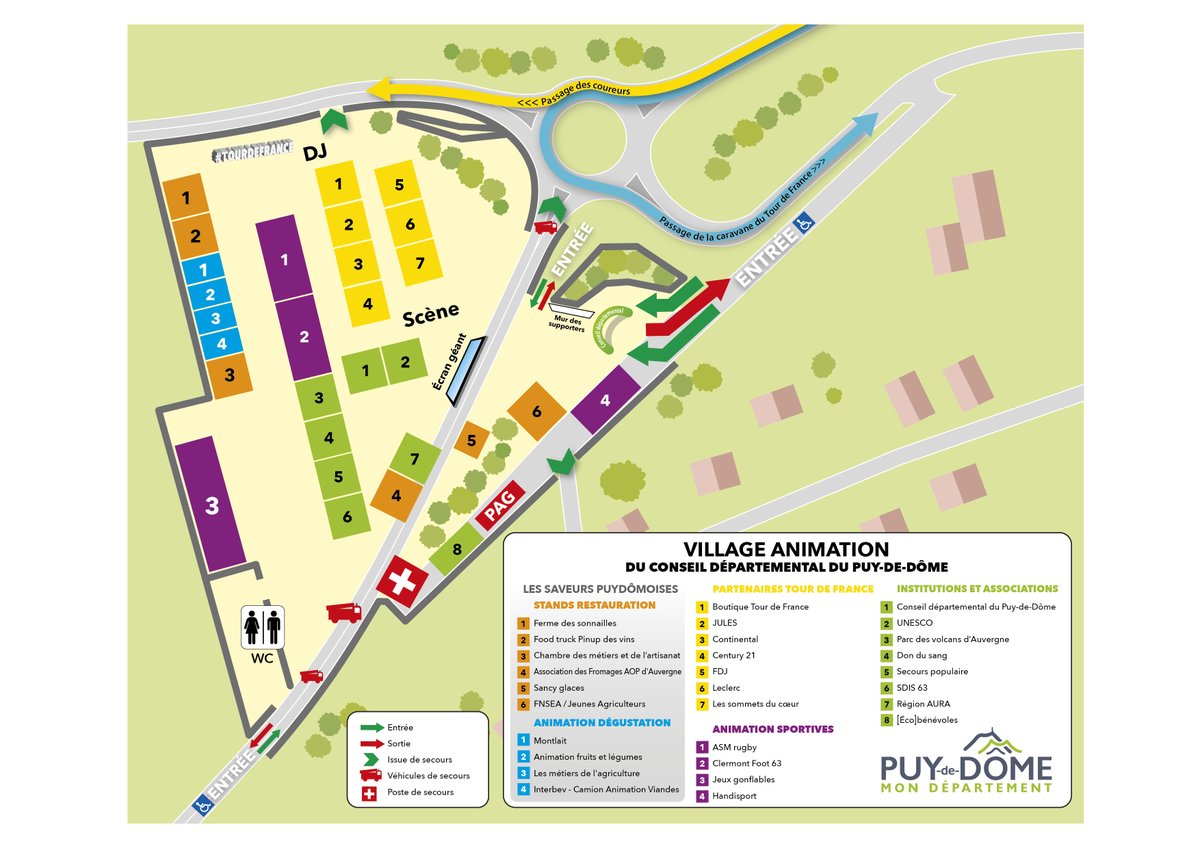 🎉 On vous dévoile le plan du village d’animation pour l’étape du 9 juillet au puy de Dôme !
🕙 Ouvert de 10h à 19h.
😄RDV au rond-point de la Font de l'Arbre (route du puy de Dôme à Orcines). 
➡️ + d’infos sur les conditions d’accès sur : puy-de-dome.fr/tour-de-france
<a href="/LeTour/">Tour de France™</a>