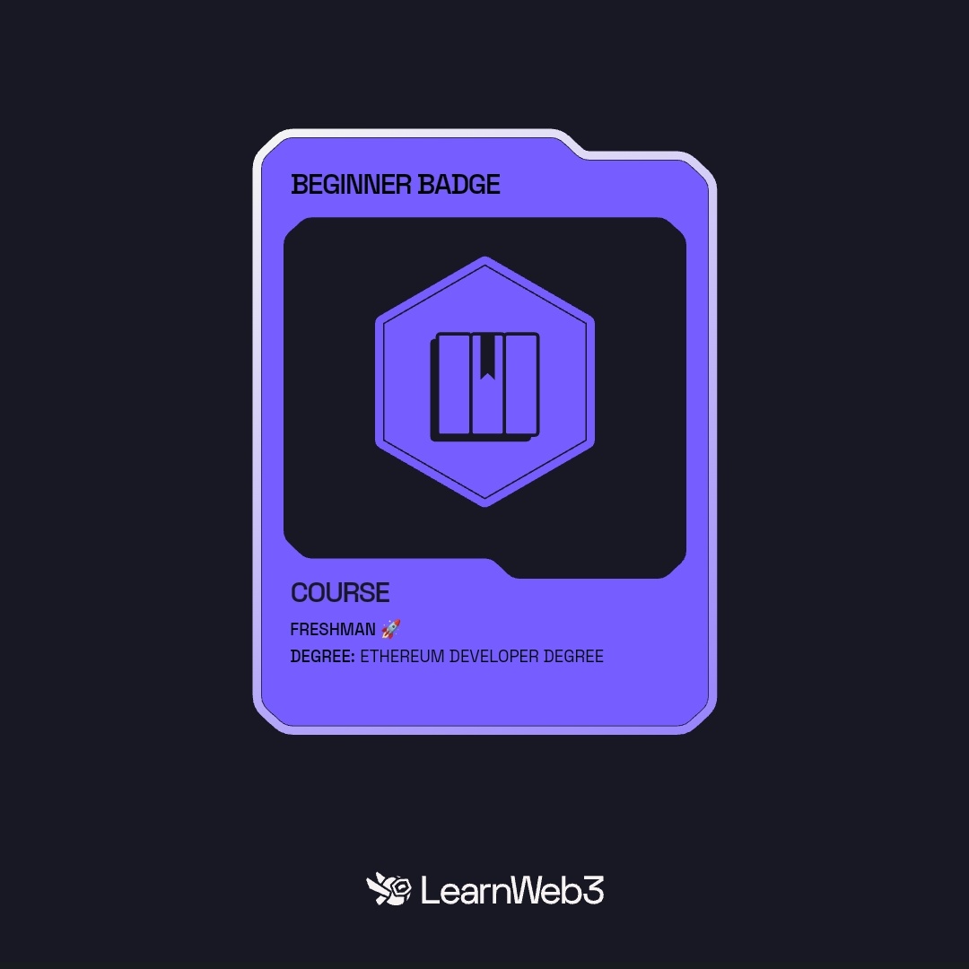 Freshman course completed.😎 @LearnWeb3DAO

⏭️ Sophomore

#TechMalawi #Web3Developer