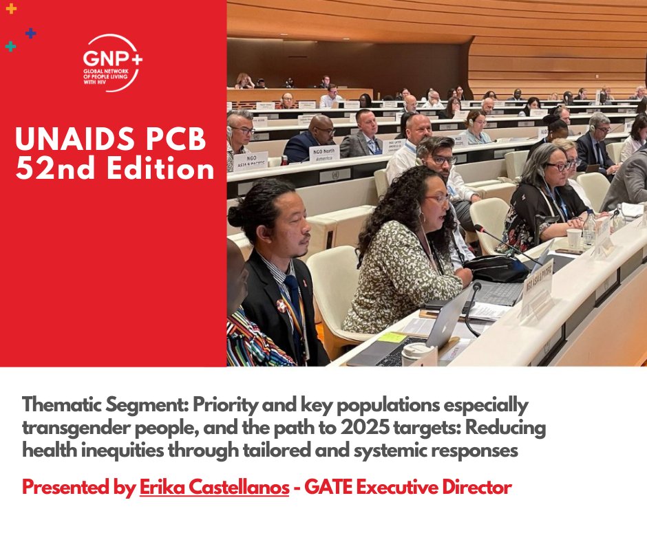 <a href="/UNAIDS/">UNAIDS Global</a> #PCB52 
"Trans people are disproportionately affected by #HIV, both in terms of the risk of contracting HIV and the risk of not being able to access medical care – not because we are trans … but because society makes us vulnerable. " - Erika Castellanos, GATE 1/7