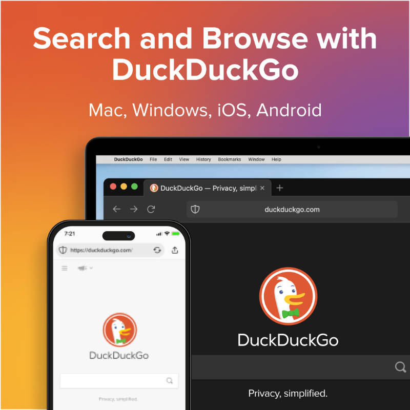 DuckDuckGo's tweet photo. DuckDuckGo now offers a search engine and a browser. Our search engine is like Google, but it doesn’t spy on your searches. Our browser is like Chrome, but it blocks trackers, so creepy ads won’t follow you as much. Switching is easy and free:  https://t.co/giC4a6p2ug