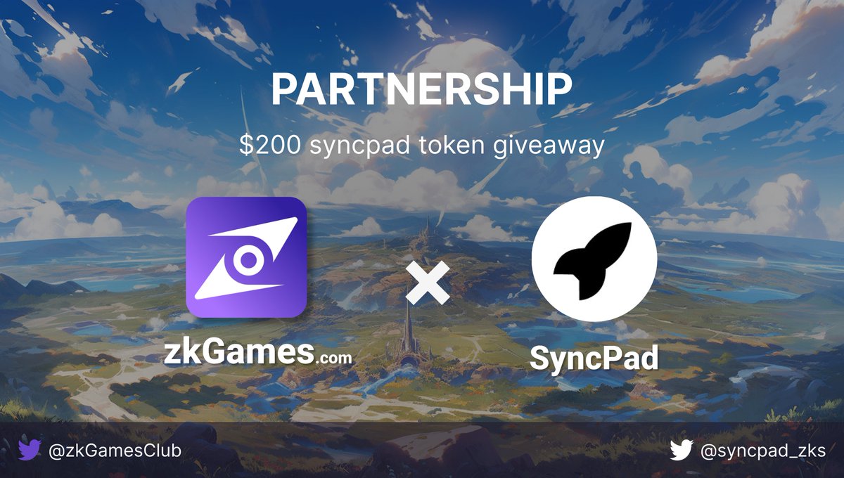 zkGamesClub's tweet photo. 🎉 We are thrilled to partner with @syncpad_zks
🍾 To celebrate, we're hosting 200$ SyncPad Token #Giveaway !!!

- To enter: 
1. Follow @zkGamesClub and @syncpad_zks
2. Like, Quote Tweet, and Tag 3 friends on this tweet

❤️ Drop your #Ethereum / #zkSyncEra address in comment!