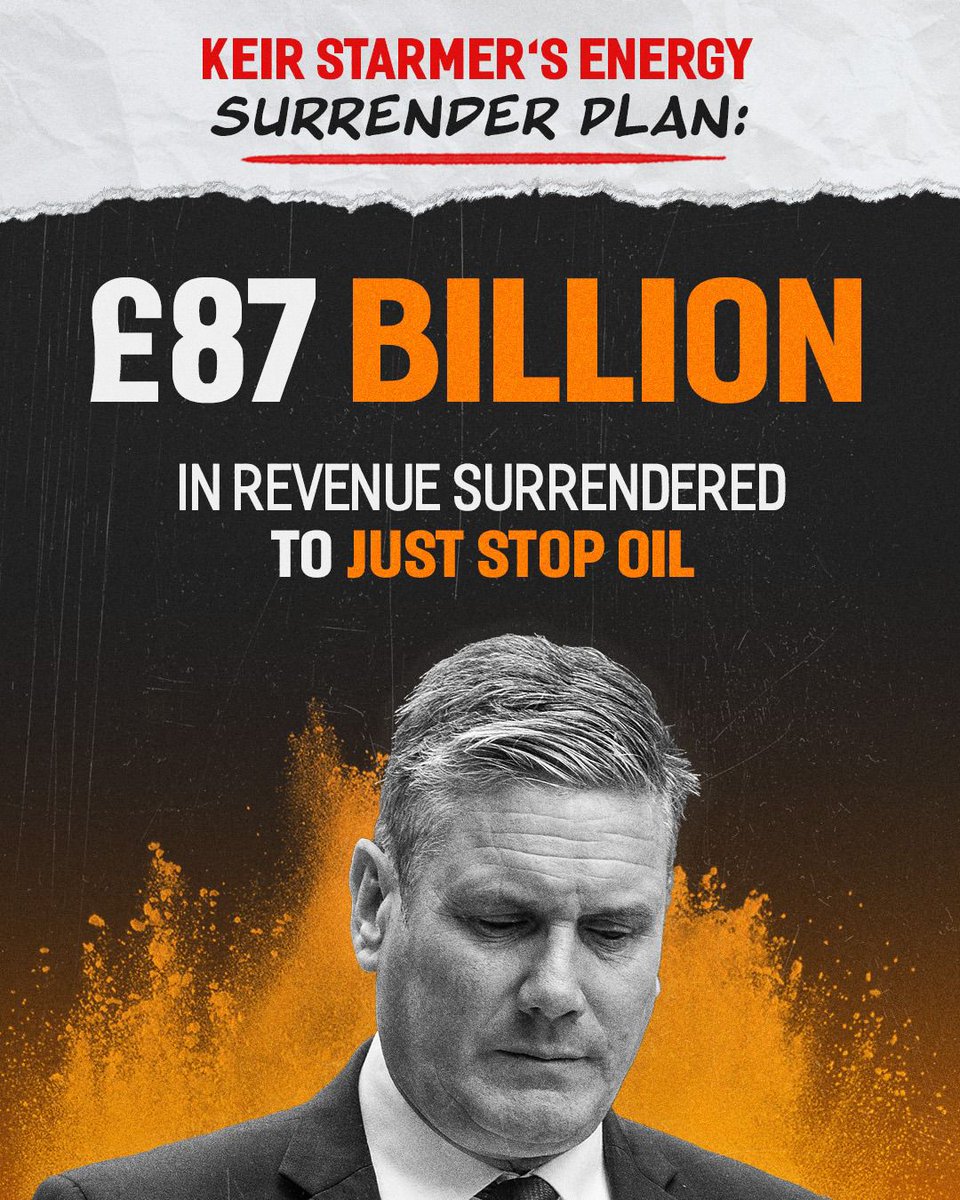 Whilst the @Conservatives are working night and day to grow the economy, @Keir_Starmer would wipe away £87 billion in a moment & massively increase our carbon imports.

His surrender to #JustStopOil proves he’s prioritising criminal activists over the British public.