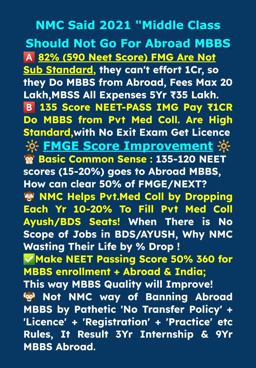 RTHRights's tweet photo. 2️⃣@NMC_IND 2021 SAID "ABROAD MBBS NOT FOR MEDIUM FAMILY"
📍83%(598NEET Score)Go Abroad for MBBS is Not #WISE
Bcoz They Can't Effort To Pay 1Cr India!
📍135 NEET #IMG Pay 1CR Do MBBS frm Pvt Med Coll with NO #Exit_Exam Get Licence is #WISE
👇Proof
https://t.co/dkzBEyxSu1
2/9 https://t.co/LYuYcjD4jv