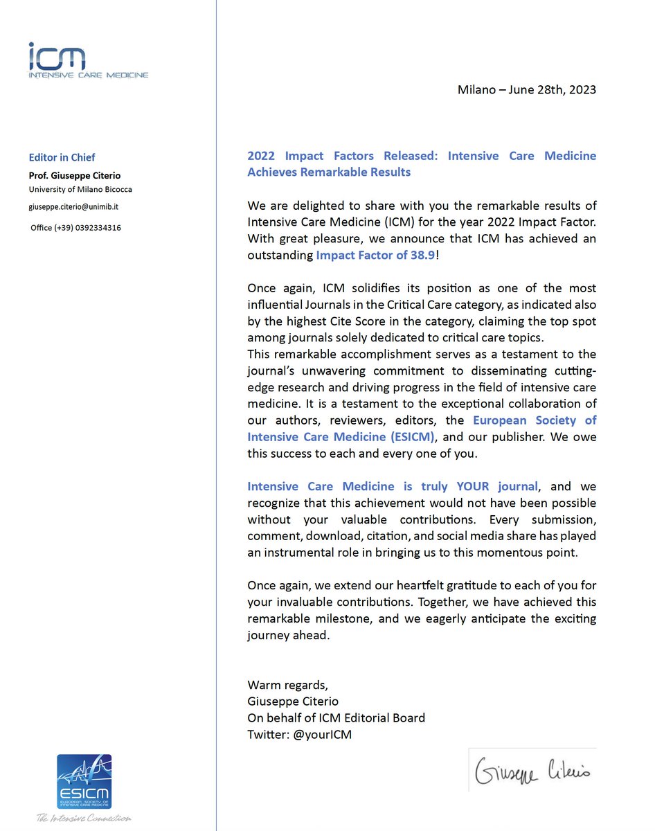 Giuseppe Citerio (@dr_cit) on Twitter photo We are delighted to share the remarkable results of Intensive Care Medicine (<a href="/yourICM/">Intensive Care Medicine</a> ) for the year 2022 Impact Factor: 38.9! We are delighted to share the remarkable results of Intensive Care Medicine (<a href="/yourICM/">Intensive Care Medicine</a> ) for the year 2022 Impact Factor: 38.9!
