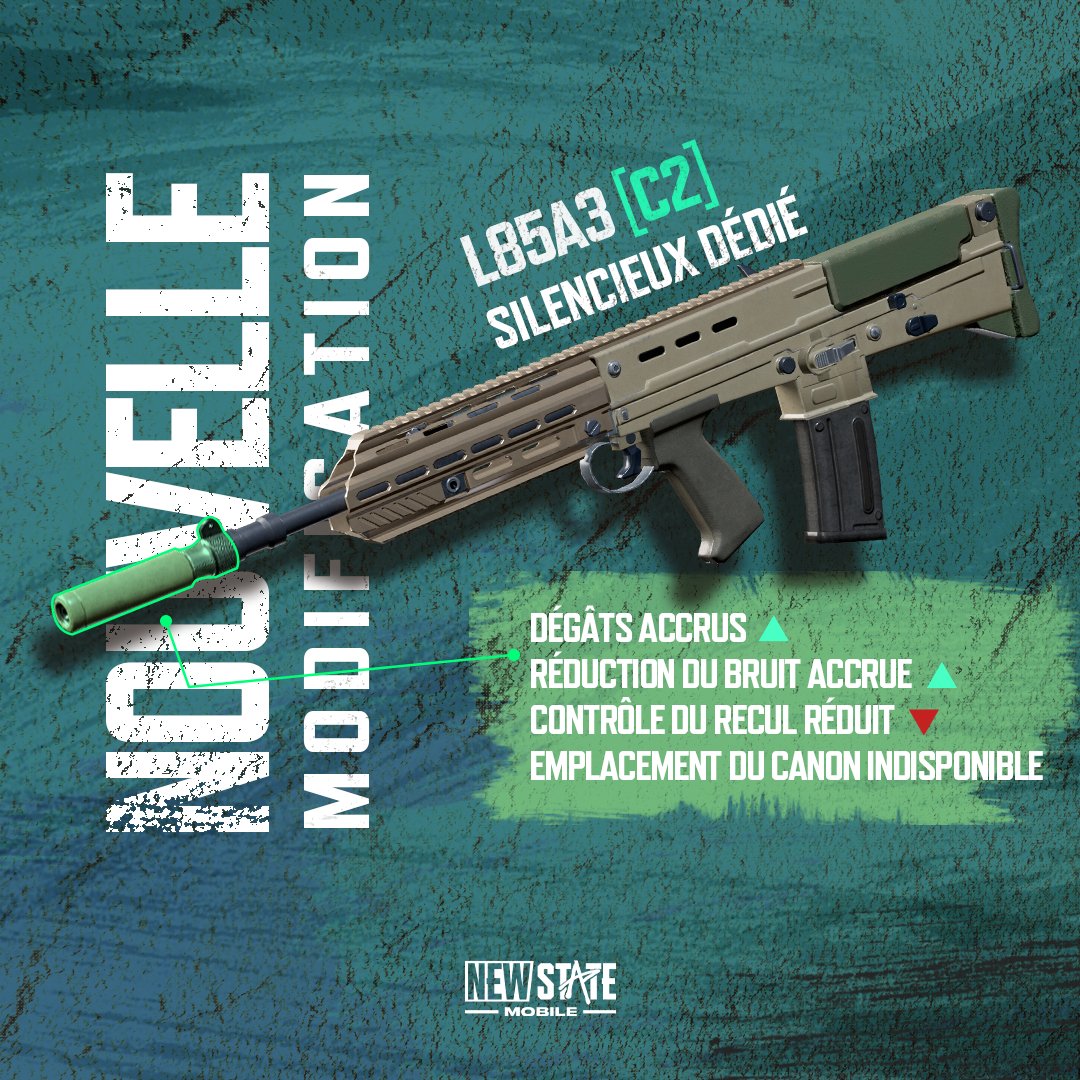 FR_NEWSTATE's tweet photo. Frappez depuis les ombres avec le silencieux dédié du L85A3 ! 🎯

Déroutez vos ennemis tout en discréton 🤫

#NEWSTATEMOBILE #L85A3 https://t.co/OJNxrIhsT2