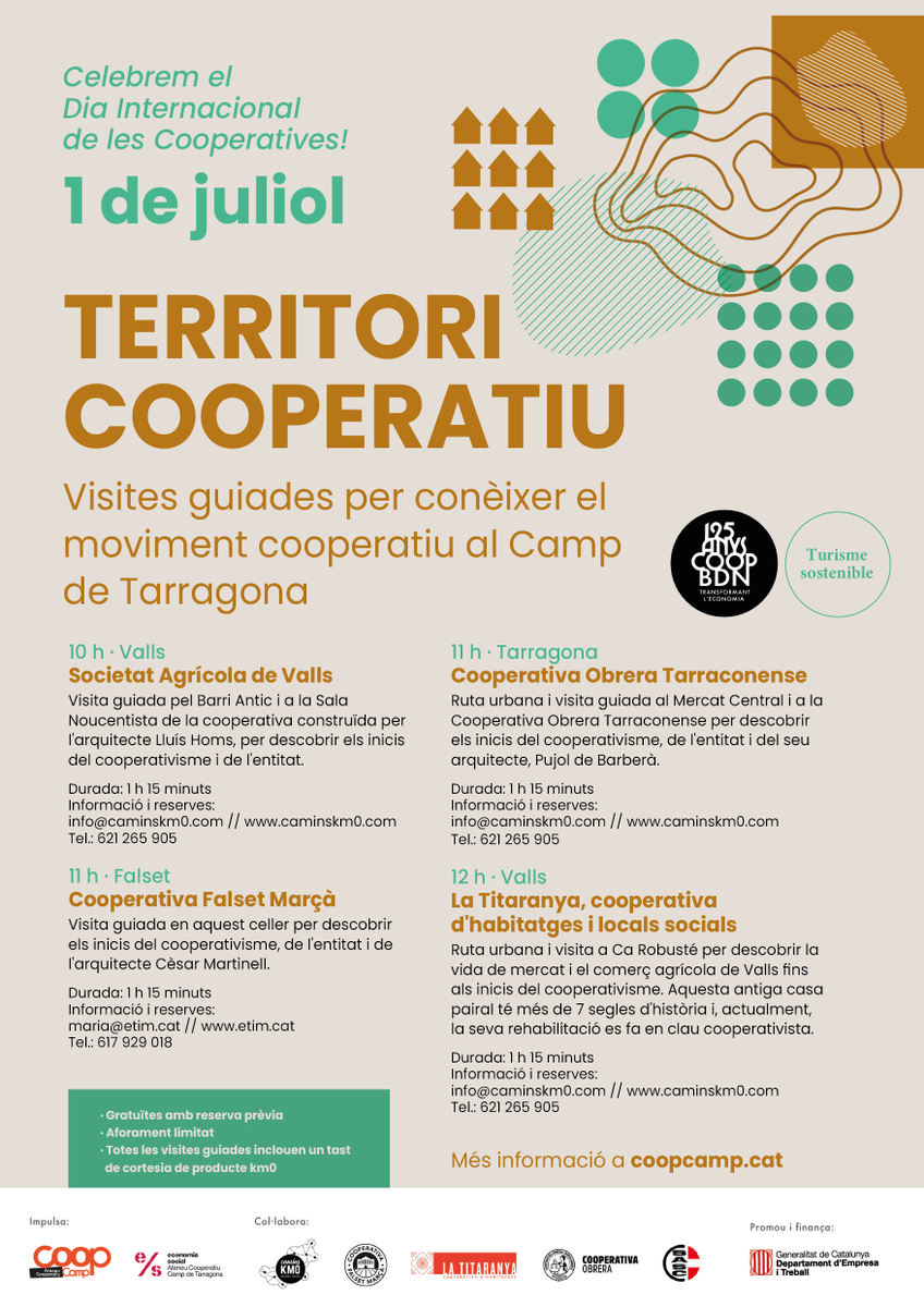 En motiu del Dia Internacional del Cooperativisme, 5 cooperatives del Camp de Tarragona presentem TERRITORI COOPERATIU, 4 visites guiades de  amb contingut cultural, històric i cooperatiu.
Dissabte 1 de juliol a Valls visites gratuïtes a la Societat Agrícola i a La Titaranya: