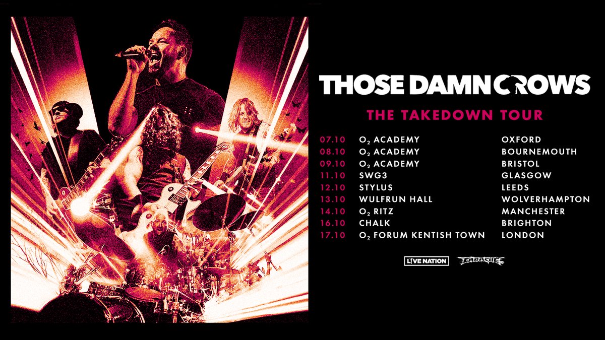 NEW: Fresh from the release of their latest album 'Inhale/Exhale', <a href="/ThoseDamnCrows/">Those Damn Crows</a> will bring The Takedown Tour to venues across the UK in October 🎤
 
Get tickets in our #LNpresale this Thursday at 10am 👉 livenation.uk/iUGw50OY2Ct