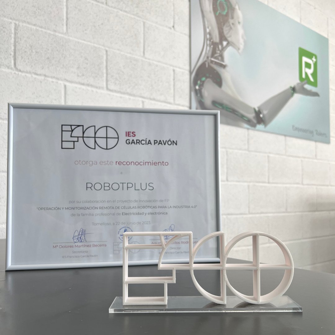 ROBOTPLUS's tweet photo. 🏆Hoy queremos agradecer el reconocimiento que nos ha otorgado el @iesgarciapavon por nuestra participación en el proyecto de fondos Europeos #FPInnova: "OPERACIÓN Y MONITORIZACIÓN REMOTA DE CÉLULAS ROBÓTICAS PARA LA INDUSTRIA 4.0".
🦾 ¡Ha sido un placer colaborar con vosotros! https://t.co/Uns2Ayjt5Z