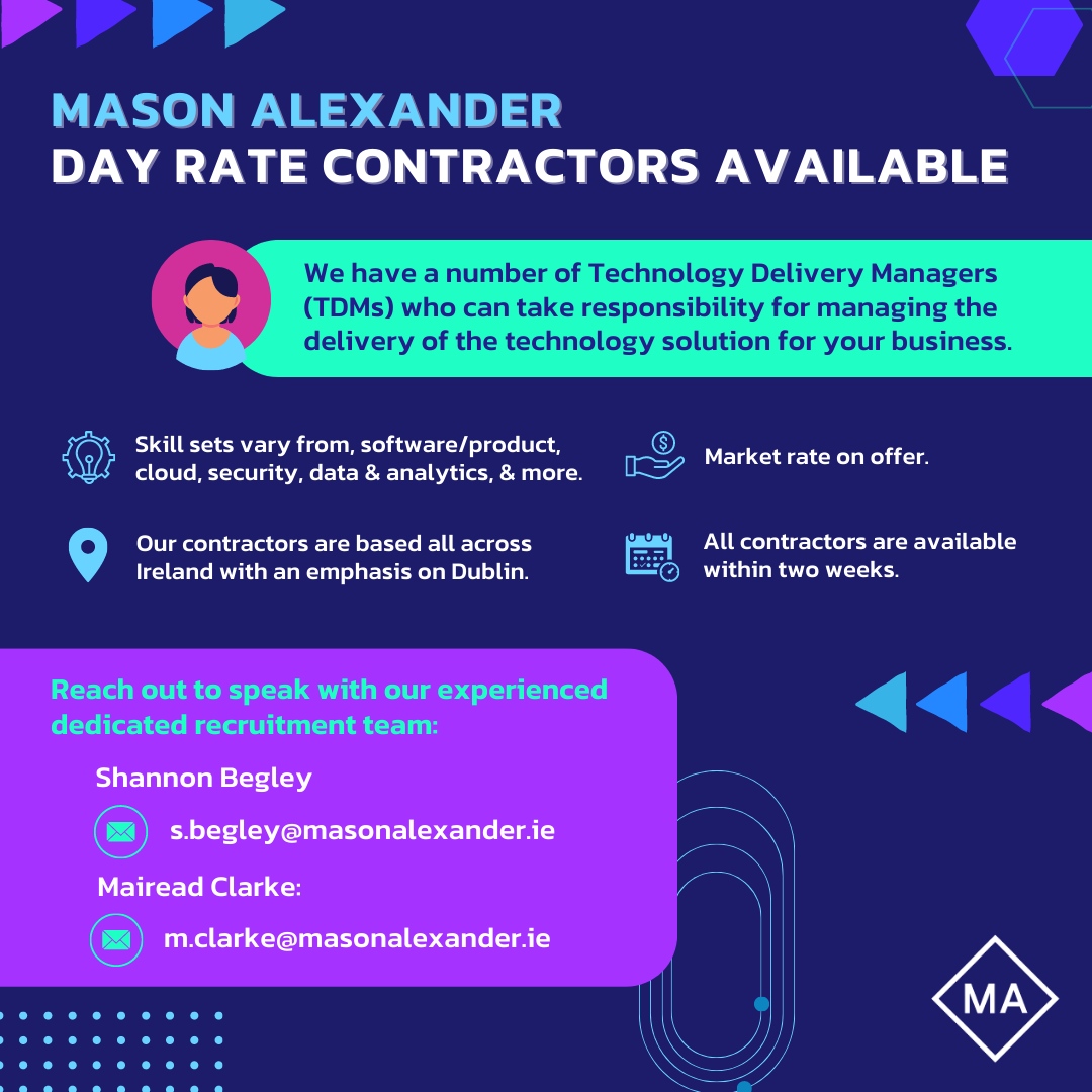 Looking for talented #TechnologyDeliveryManagers to take charge of your #technology solutions?

Let us find the perfect #contractor who will elevate your business to new heights 🚀

📧 s.begley@masonalexander.ie
📧 m.clarke@masonalexander.ie

#MasonAlexander #TechContractors