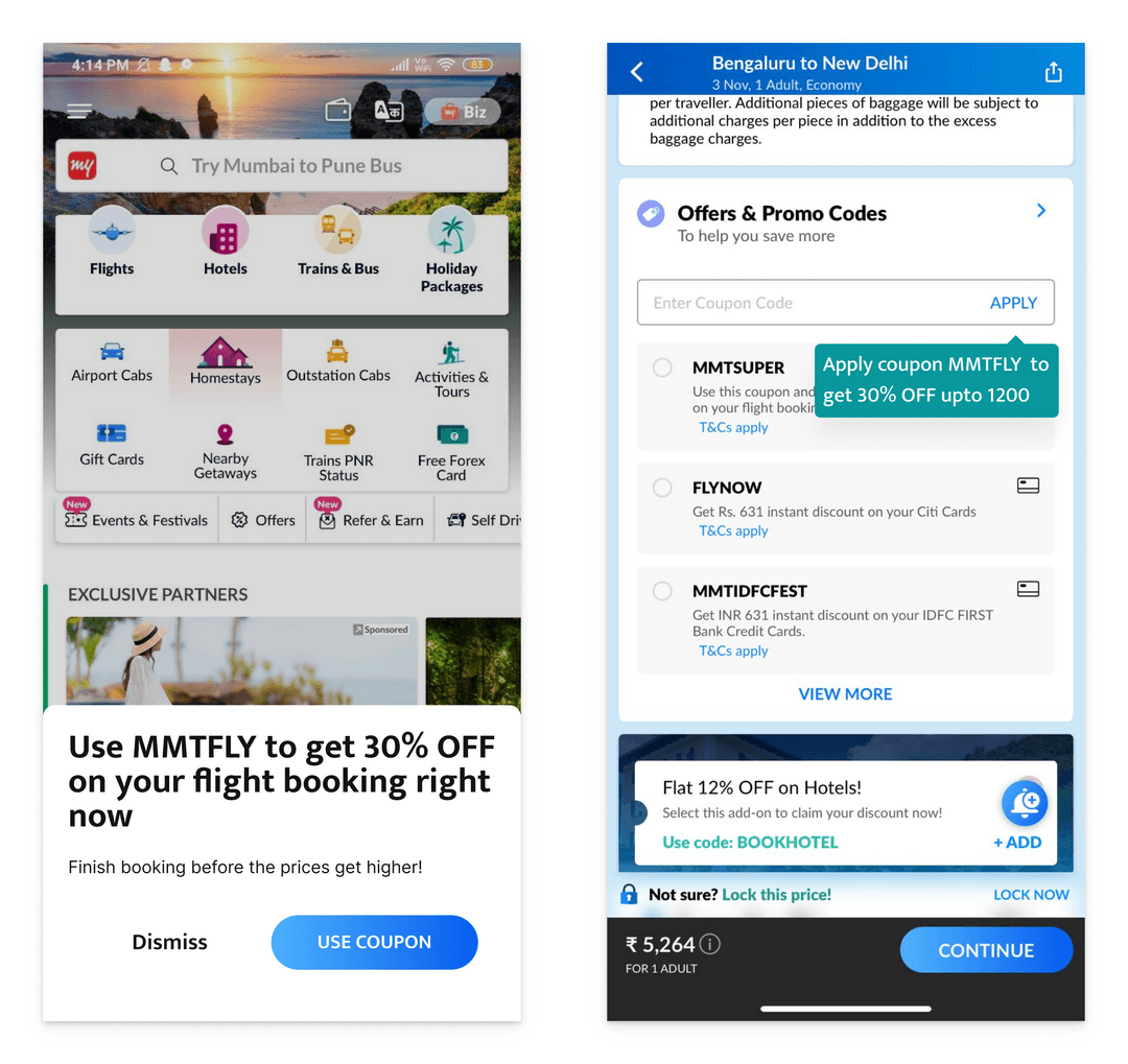 PlotlineInc's tweet photo. 📉 B2C companies struggle with drop-offs right before the purchase.

📈 @makemytrip's genius move?

Targeting the fence-sitters. By tantalizing them with real-time offers and coupons through a bottom sheet and tooltip, they convert them into paying customers. https://t.co/mNWvEO07KS