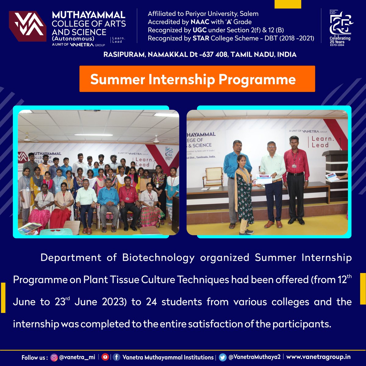 VanetraMuthaya2's tweet photo. Department of Biotechnology organized Summer Internship Programme on Plant Tissue Culture Techniques had been offered (from 12.06.2023 to 23.06.23) to 24 students from various colleges
#planttissue #planttissueculture #biotechnology #internship #summer #summerinternship #biotech https://t.co/oDq4SfSFEt