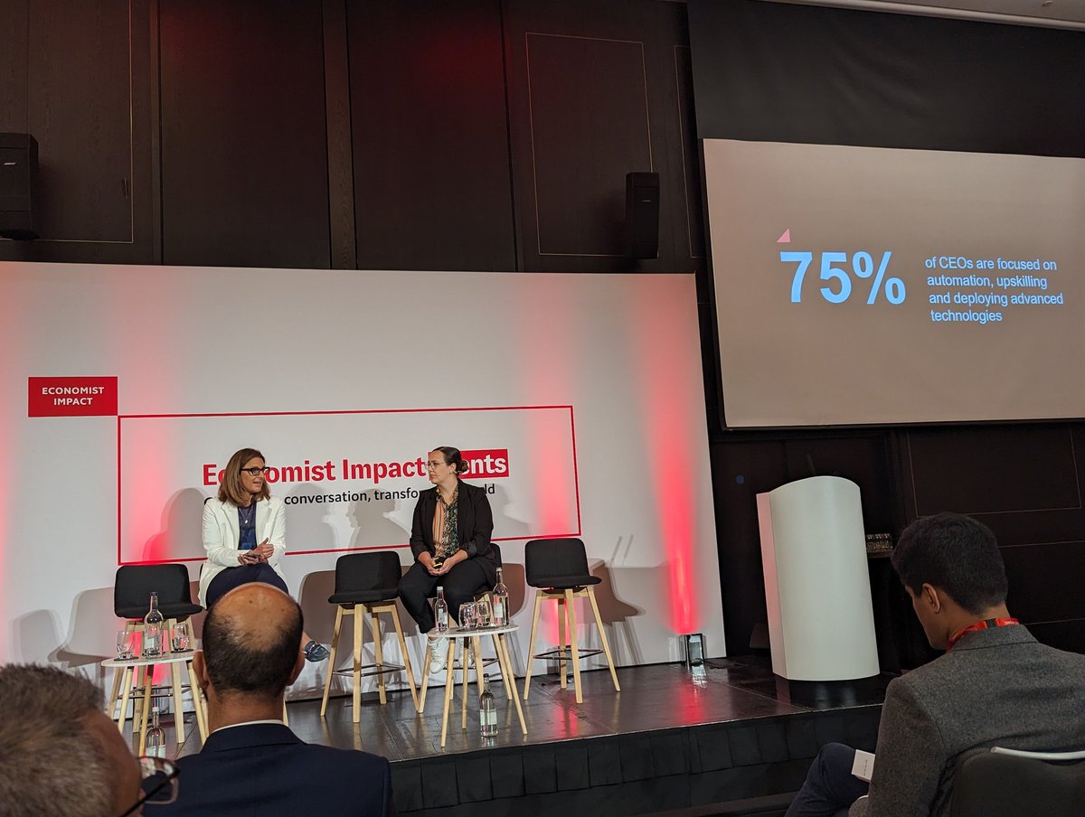 @alexmakesvr chairs a great chat with Emmanuelle Rivet, Vice-chair, global tech leade @PwC @economistimpact #EconEnterpriseMetaverse summit: 40% CEO don't think their business will be viable in 10 years #VR is effective in training: 4x focused&faster, 2x confident #Metaverse #AI