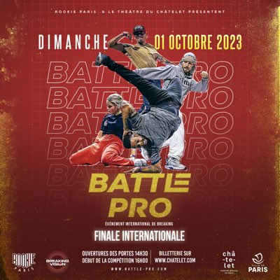 01/10/23 <a href="/theatrechatelet/">Théâtre du Châtelet</a> 
Battle Pro Finale Internationale 
#breaking #breakdance #bboy #bgirl #hiphop #paris #france 

Purchase Your 🎫 

linktr.ee/battlepro