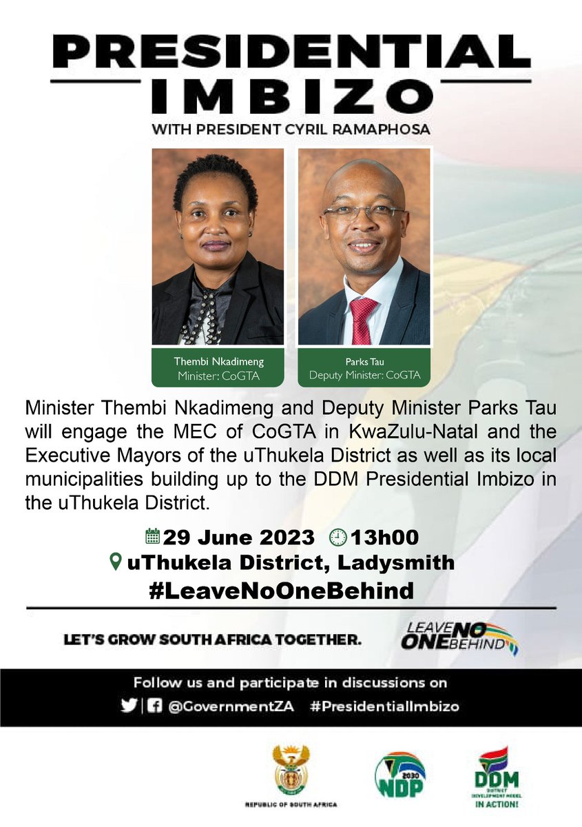 As part of the build-up to the #DDM #PresidentialImbizo, myself & Minister @ThembiNkadi will engage @kzncogta MEC and Executive Mayors of Uthukela District and its local municipalities #LeaveNoOneBehind 🇿🇦
