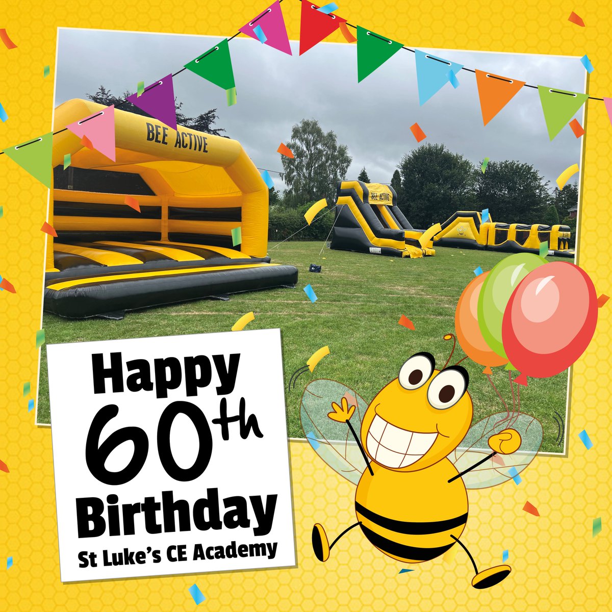 BeeActiveStaffs's tweet photo. 🎉 Happy 60th Birthday St Luke's! 🎉
We hope everyone has a fabulous day celebrating. Thank you for letting us join in the fun with our inflatables. 🐝
@SUATrust
#schoolevent #inflatables #stokeontrent #endon #staffordshire #birthdayevent #beeactive https://t.co/bqRU4EcbFu