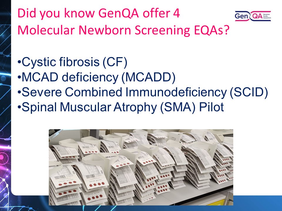 It's International Neonatal Screening Day! 
Did you know that GenQA offer 4 Molecular Newborn Screening EQAs? Find out more at genqa.org/eqa
#EQA #Quality #NewbornScreening
#INSD #NeonatalScreeningMatters #CF #MCADD #SCID #SMA @UKNEQAS @Screen4Rare