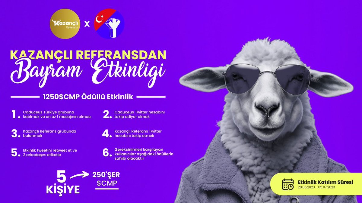 Kazançlı Referans (@kazanreferans) on Twitter photo 🐑 Kazançlı Referansdan Bayram Etkinliği
Kazançlı Referans X Caduceus Türkiye 1250 $CMP Ödüllü Etkinlik 💫
📌 Katılım: forms.gle/JYJJHRz942VWW5…
🔷 Takip Et: <a href="/KazanReferans/">Kazançlı Referans</a>
🔷 Takip Et: @Caduceus_CMP
🔷 2 kişi etiketle
📅 Son Katılım: 5 Temmuz 23.59 🐑 Kazançlı Referansdan Bayram Etkinliği
Kazançlı Referans X Caduceus Türkiye 1250 $CMP Ödüllü Etkinlik 💫
📌 Katılım: forms.gle/JYJJHRz942VWW5…
🔷 Takip Et: <a href="/KazanReferans/">Kazançlı Referans</a>
🔷 Takip Et: @Caduceus_CMP
🔷 2 kişi etiketle
📅 Son Katılım: 5 Temmuz 23.59
