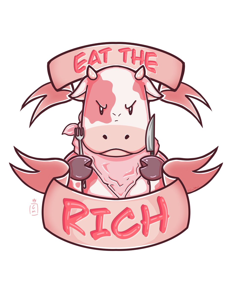 I’m so frustrated about this whole thing that I decided to draw another pink cow but angry and eating the rich this time bc fuck large corporations dude