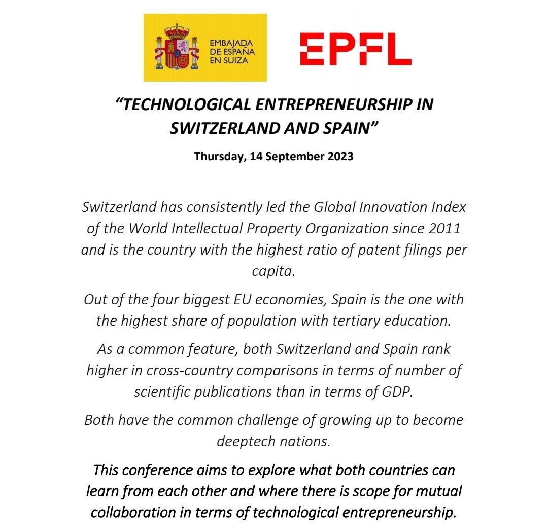 EmbEspSuiza's tweet photo. 🔬🇪🇦🇨🇭 Sign up for our CONFERENCE ON TECHNOLOGICAL ENTREPRENEURSHIP IN SWITZERLAND AND SPAIN !

📅 Thursday, September 14, 2023 at the Ecole polytechnique fédérale de Lausanne (EPFL).

👉 Sign up now: https://t.co/ooZDEJbIzX https://t.co/Xc7pIx0g84