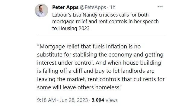 🚨 NEW: Labour's Shadow Housing Secretary has confirmed that Labour OPPOSES both rent controls and mortgage relief.

Lisa Nandy argued that mortgage relief 'fuels inflation' and that rent controls cause homelessness. Instead, Labour favours 'stablising the economy'.
