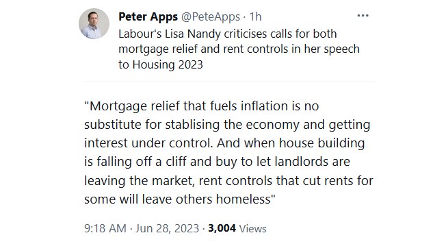 🚨 NEW: Labour's Shadow Housing Secretary has confirmed that Labour OPPOSES both rent controls and mortgage relief. Lisa Nandy argued that mortgage relief 'fuels inflation' and that rent controls cause homelessness. Instead, Labour favours 'stablising the economy'.