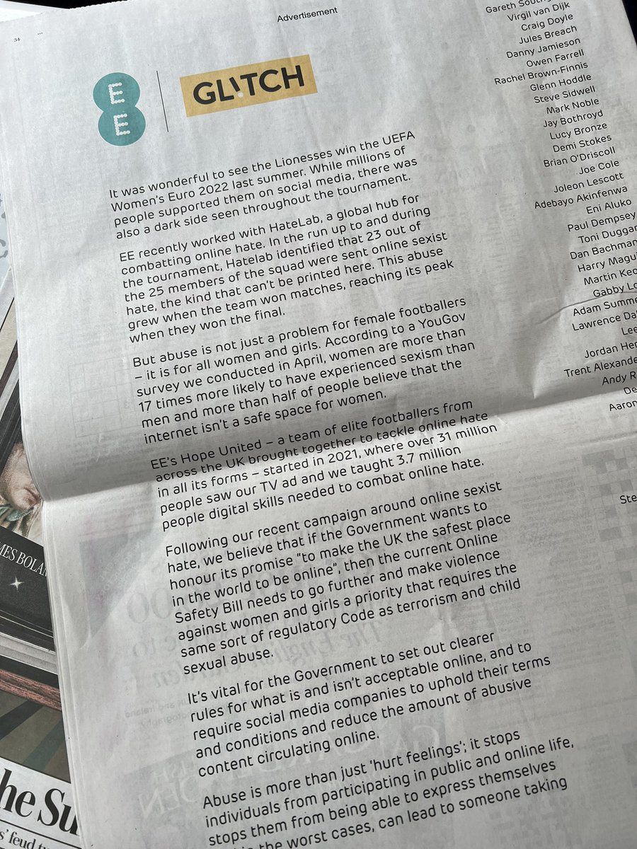 We believe we have a responsibility at @EE to encourage Government and social media publishers to ensure victims of online abuse are protected. With @glitchuk_, we’ve published our letter in today’s Telegraph calling for an amendment to the #OnlineSafetyBill to include a code…