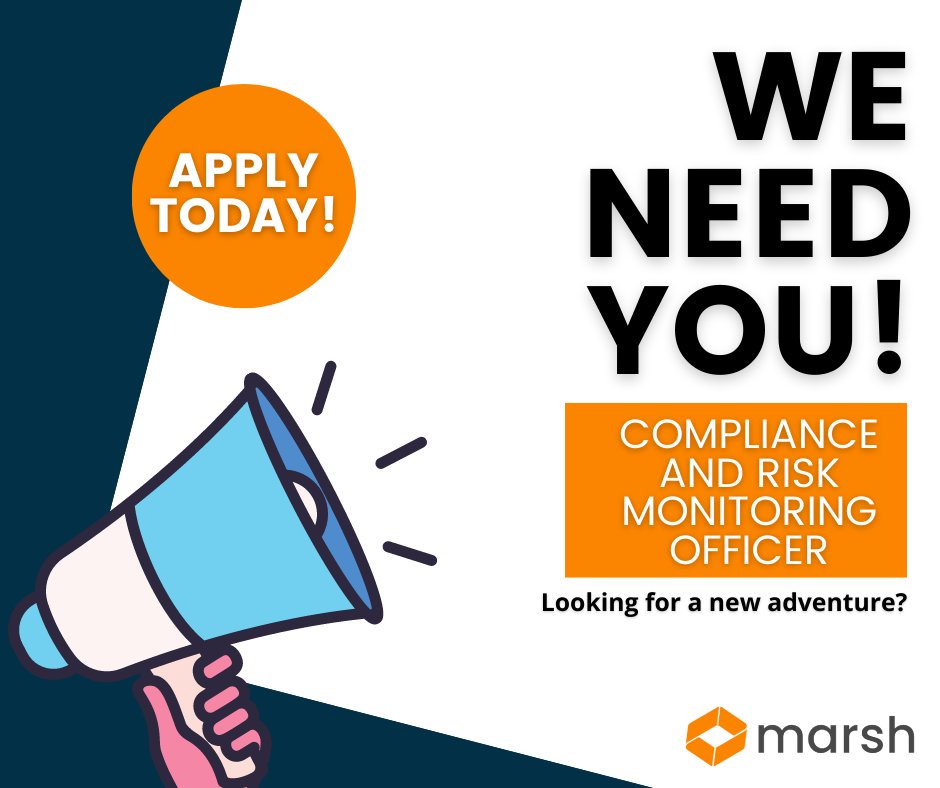 Now Hiring - Risk and Compliance Monitoring Officer 🚨
Are you a seasoned risk and compliance expert, driven by the thrill of working with an exceptional team? 
Join the remarkable Marsh Finance team and embark on an exciting journey.
Apply here 👉 eu1.hubs.ly/H04d3_c0