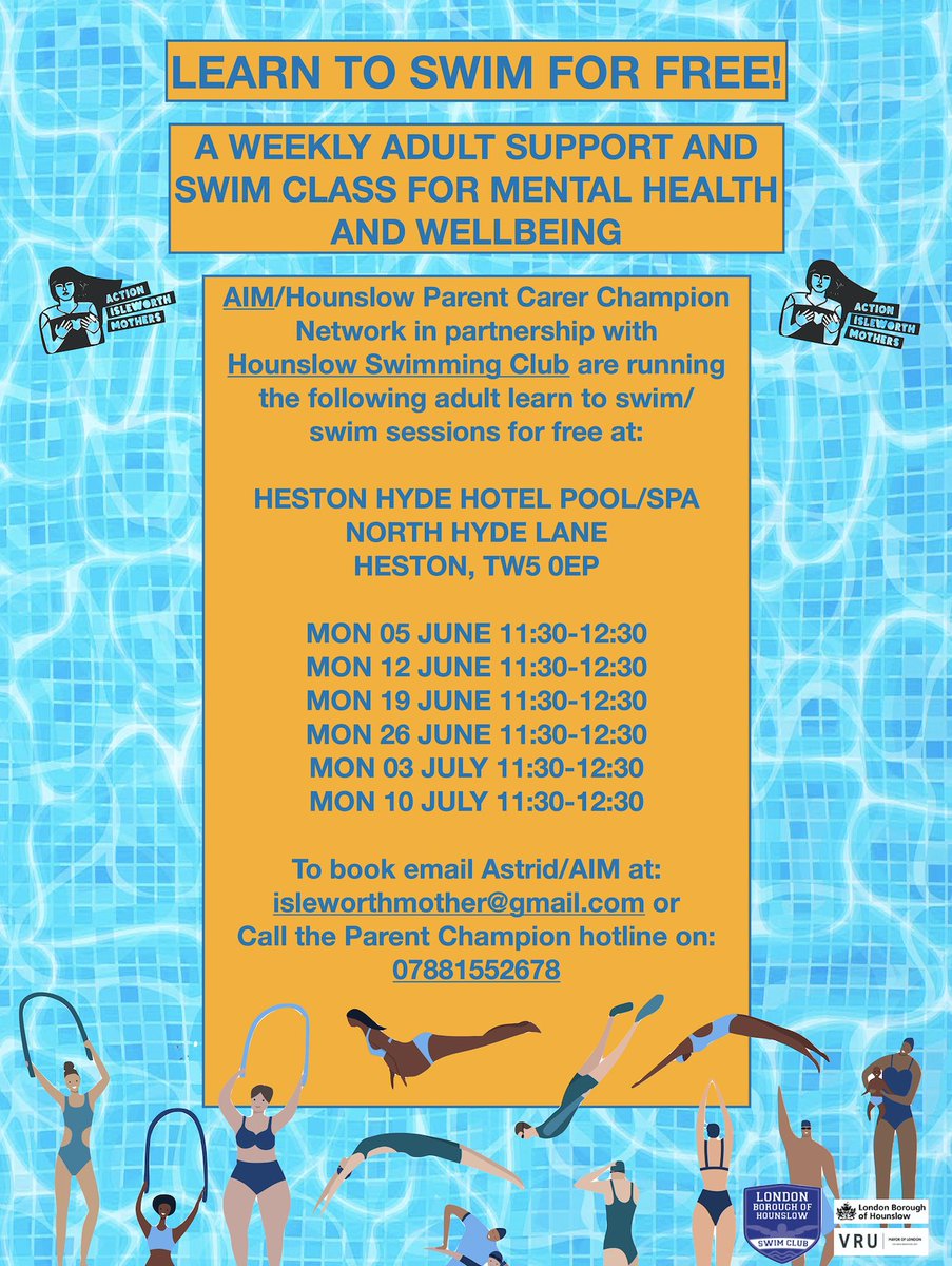 AIM’s popular FREE support & swim sessions every Mon 11:30-12:30  
Our #parentcarerchampions have lived experience & offer confidential support to LBHounslow parents with children on the periphery/affected by #criminalexploitation #youthviolence #exclusion #criminaljusticesystem