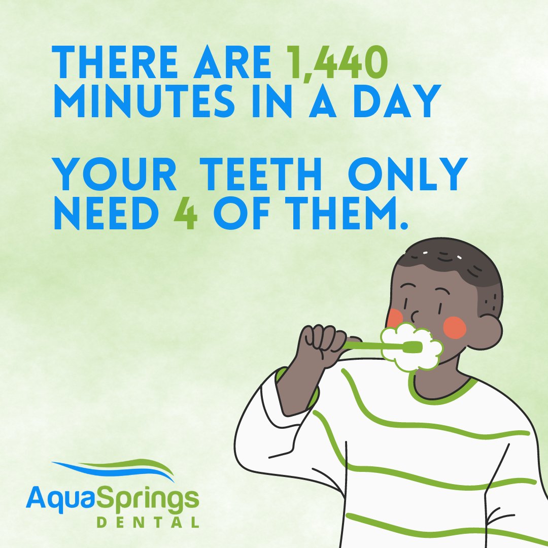 There are 1,440 minutes in a day, your teeth only need 4 of them. 🦷⏰

📞(512)392-6222 | bit.ly/3LlMoee 

#aquaspringsdental #smile #teeth #healthysmiles #oralcare #sanmarcostexas #texasdentist #texas #dentalcleaning #dentalexam #toothbrush #scheduletoday #brightsmiles