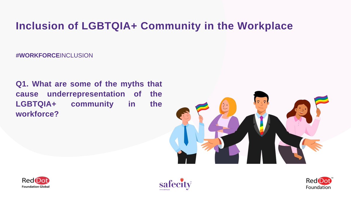 TheSafecityApp's tweet image. Let’s begin with the first question.

1. What are some of the myths that cause underrepresentation of the LGBTQIA+ community in the workforce?

- You can tweet your answers with the question number (e.g. A1, A2, A3)

- Use the hashtag #WorkforceInclusion

#PrideMonth23

#Safecity