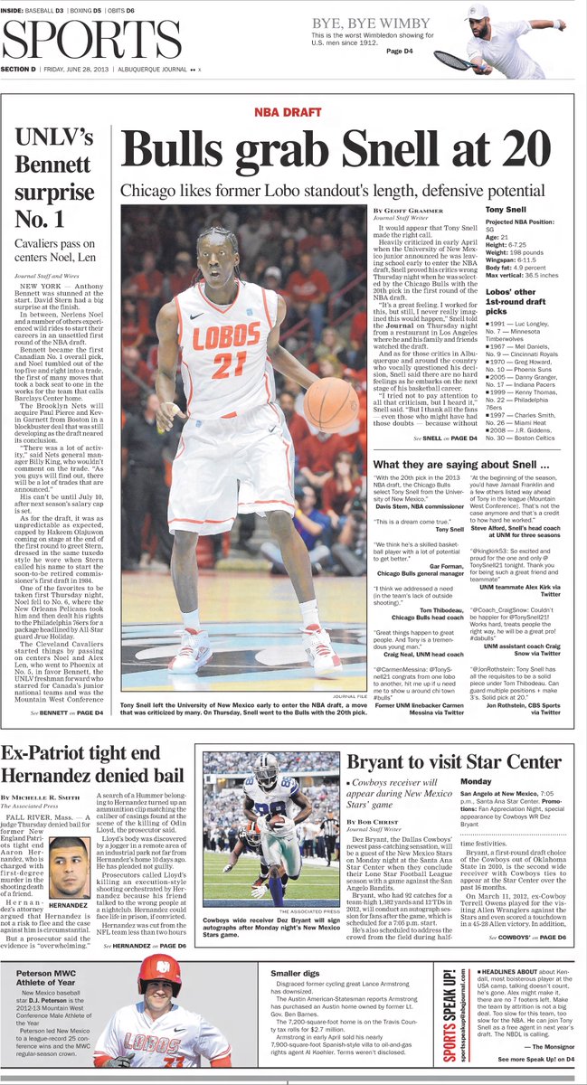 10 years ago today, the front of the @ABQJournal Sports Section featuring Tony Snell, Anthony Bennett, DJ Peterson, Dez Bryant and more. 

Of course, @TonySnell21_ was the focus.