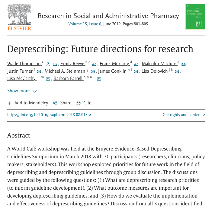 At our 2018 deprescribing guidelines symposium, we asked researchers where we should go next. Result: This paper on future directions for #deprescribing research, featuring @MikeSteinman @Reeve_Research @FrankMoriarty @OptimisingRxUse +more sciencedirect.com/science/articl…