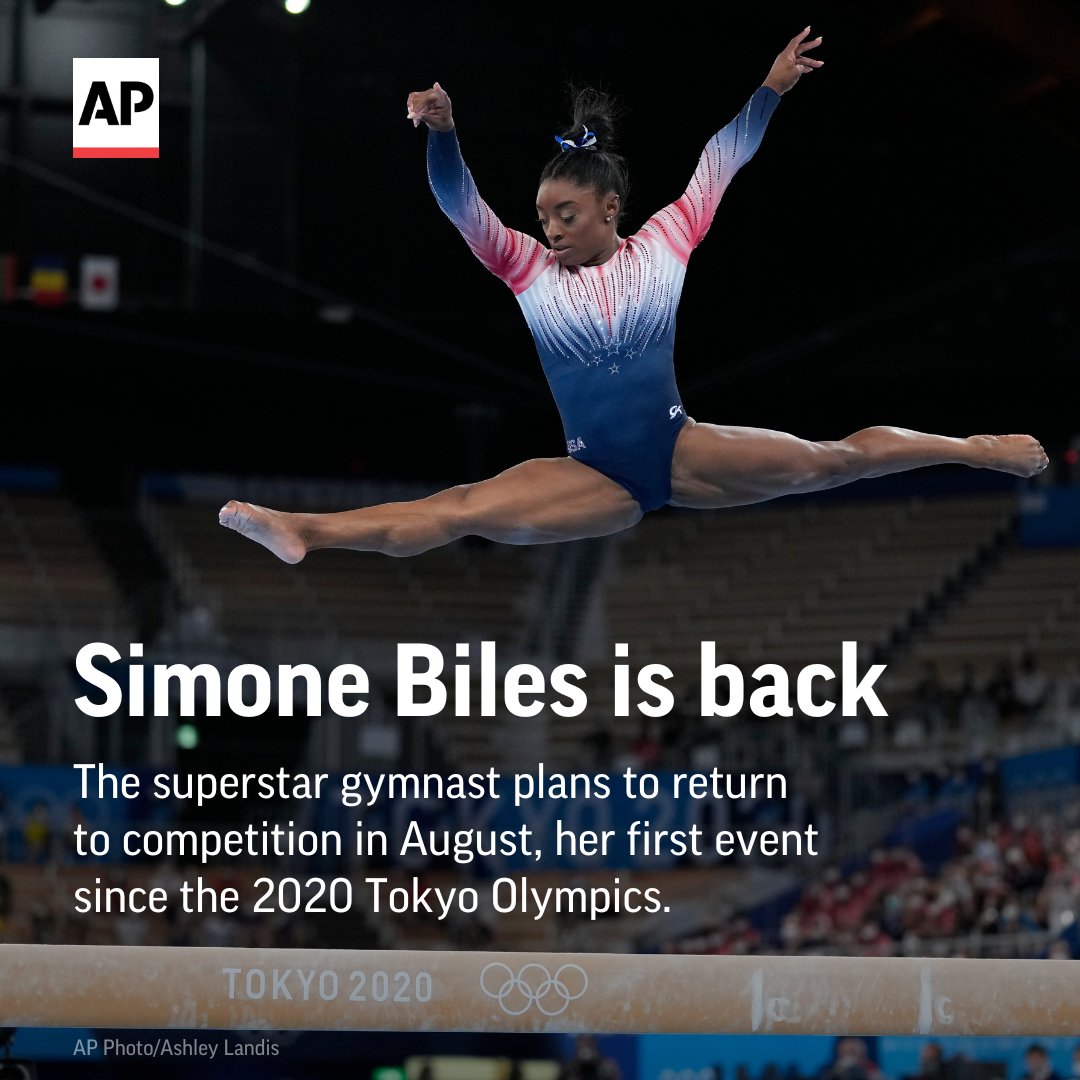 BREAKING: Simone Biles is back.

The gymnastics superstar plans to return to competition at the U.S. Classic outside Chicago in early August, her first event since the 2020 Tokyo Olympics. That event is roughly a year before the Paris Games. apne.ws/I94Muya