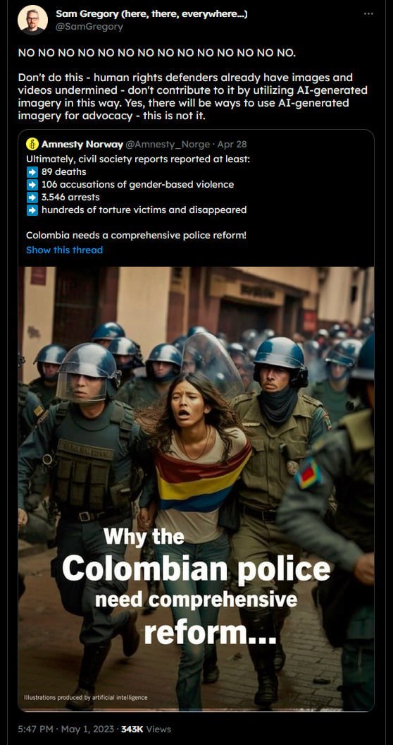 A few weeks back, a major human rights organization used AI-generated images in an update and sparked an uproar. Here colleagues <a href="/shirinanlen/">shirin anlen</a> and <a href="/vazquezllorente/">Raquel Vazquez Llorente</a> identify key questions on human rights advocacy and generative AI based in <a href="/witnessorg/">WITNESS</a> work.

blog.witness.org/2023/06/using-…