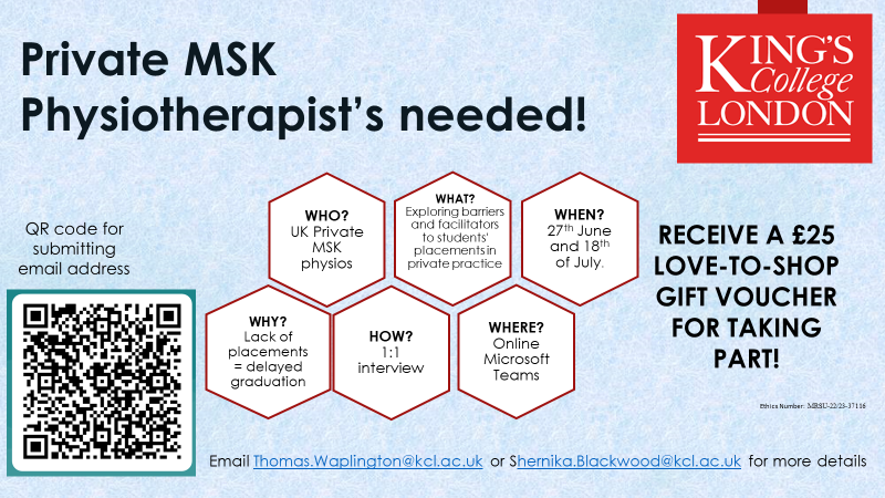 Seeking volunteers for a study investigating the experiences of student physiotherapists on placement in private practice.  

Share your insights on the MSK private practice perspective!

<a href="/CorKinetic/">Ben Cormack</a> Please RT spread the word! 
Email thomas.waplington@kcl.ac.uk for more details