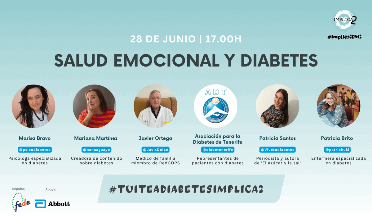 ‼️ A las 17.00 horas empieza #TuiteaDiabetesImplica2 "Salud emocional y diabetes".

Con 💬 <a href="/psicodiabetes/">Psicodiabetes</a>, <a href="/Mariana38391271/">Dulcenana_aguayo</a>, <a href="/JavisDolce/">F. Javier Ortega ❤️‍🩹</a>, <a href="/diabetenerife/">ADT</a>, <a href="/Vivetudiabetes/">Vivetudiabetes</a> y <a href="/patrichuki/">PatriciaBritoRodriguez</a>.

¡Únete y responde a las preguntas utilizando el hashtag #TuiteaDiabetesImplica2!