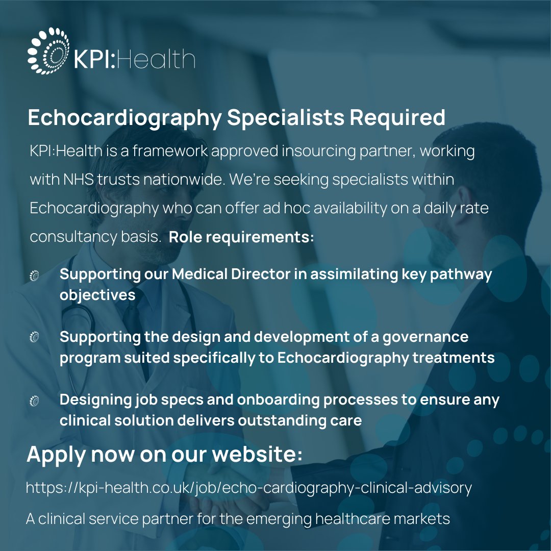 KPI Health (@kpihealth) on Twitter photo KPI:Health are now seeking specialists within Echocardiography (Outside IR35)
Job Location: Nationwide
Salary: £650 per day (outside of IR35)
💻 kpi-health.co.uk/job/echo-cardi…
✉️ Jack.smith@kpi-health.co.uk
#healthcare #recruitment #jobposting #echocardiography KPI:Health are now seeking specialists within Echocardiography (Outside IR35)
Job Location: Nationwide
Salary: £650 per day (outside of IR35)
💻 kpi-health.co.uk/job/echo-cardi…
✉️ Jack.smith@kpi-health.co.uk
#healthcare #recruitment #jobposting #echocardiography