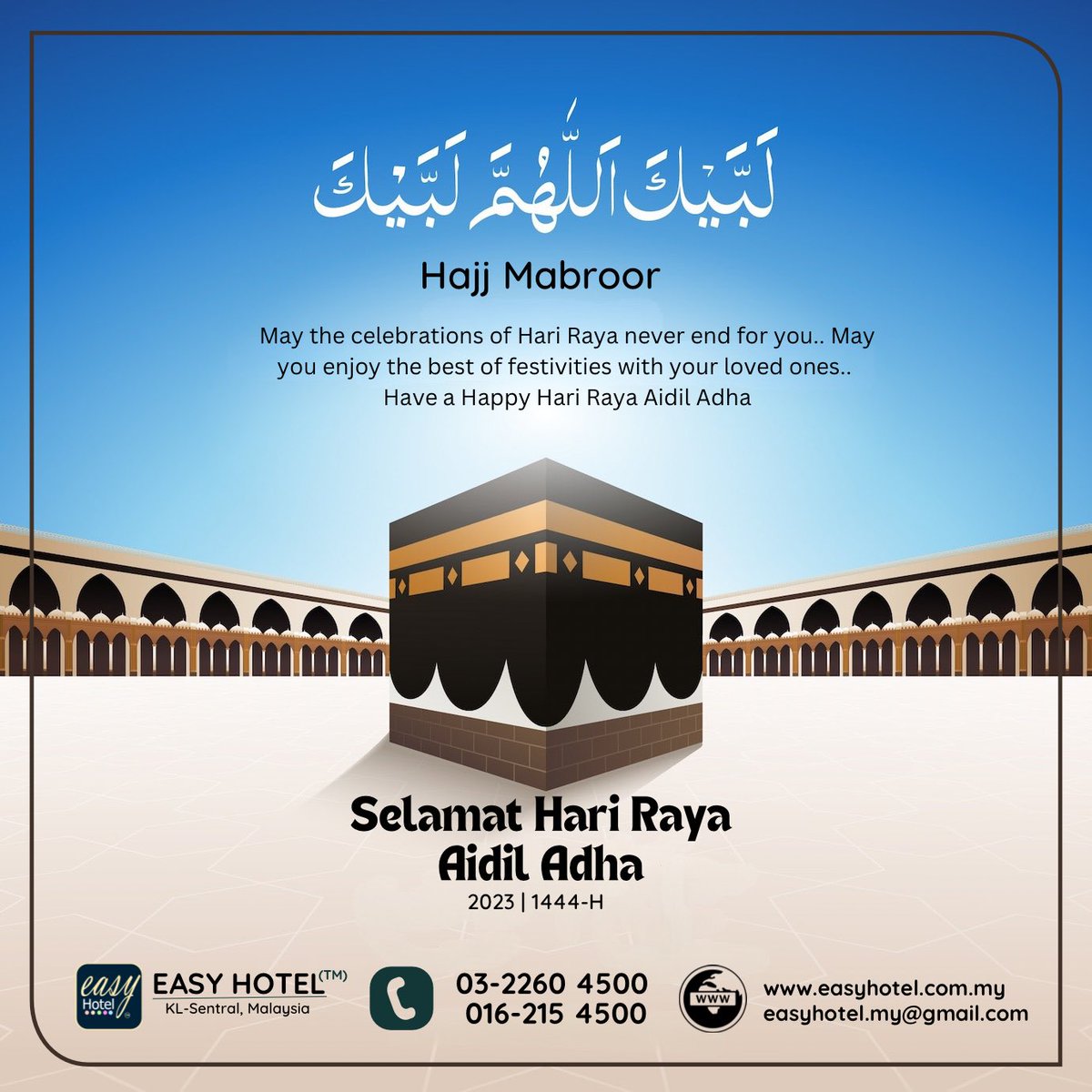easyhotelkl's tweet photo. EASY HOTEL™️ 
On the occasion of Eid Mubarak, may you are surrounded with the blessings of Allah and loved of your dear ones. Wishing a very Happy EID-UL-ADHA to you!
#Hajj2023 #EidAlAdha #EidMubarak2023 #aidiladha https://t.co/2Nltmqmu2K
