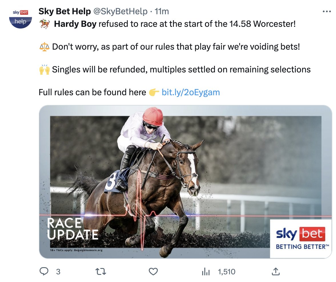 moutonov's tweet photo. Come on @Betway_za why can you not do the same?

This is not fair. How can we lose our money on a horse that did not race? https://t.co/Cw8Lm6sfzH