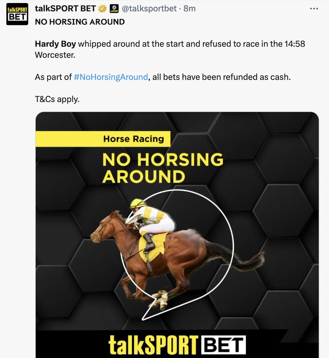 moutonov's tweet photo. Come on @Betway_za why can you not do the same?

This is not fair. How can we lose our money on a horse that did not race? https://t.co/Cw8Lm6sfzH