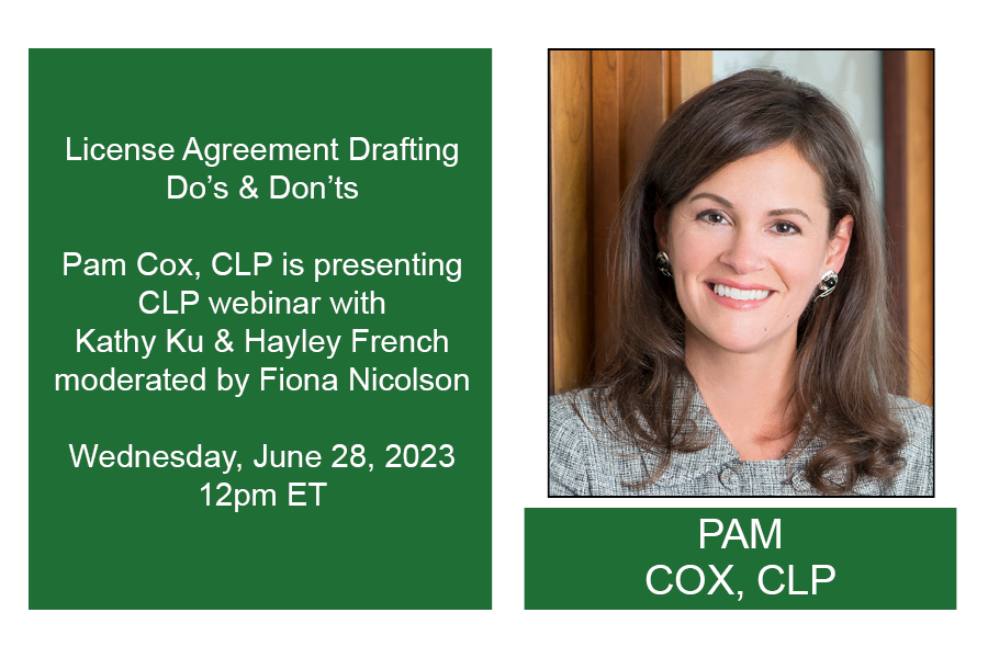 Marshallip's tweet photo. Marshall Gerstein Partner and Chair, IP Transactions Pam Cox, CLP will join Hayley French and Kathy Ku on a panel moderated by Fiona Nicolson on the topic “The Do’s and Don’ts of IP Agreements: Top Tips from Experts” today at 12pm ET. #CLPcertified https://t.co/aizGivpfK2 https://t.co/BG6qU1rXat