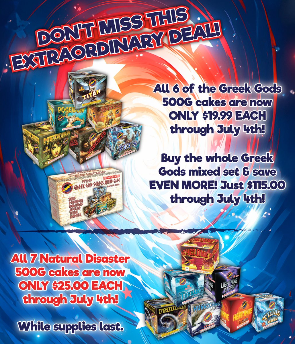 You asked - we listened Check out these HOT DEALS going on RIGHT NOW at all of our locations! Happy shopping, Wild Willy's Fans! 💥💥💥💥
#wwf #wildwillysfireworks #fireworks #wildwillys #greekgods #naturaldisasterseries #mix6 #varietpack #greatvalue #deals #discount