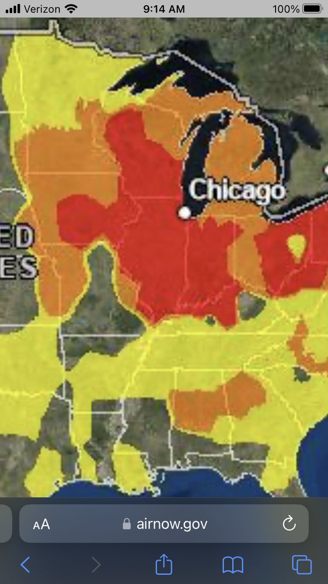 The ENTIRE state of #Illinois projected unhealthy (red) air quality today. ALL OF IT. It’s time to enact the Advanced Clean Truck program @GovPritzker. Climate change is sickening us and transportation is #1 polluter. #ElectricVehicles #WeJustWantToBreathe